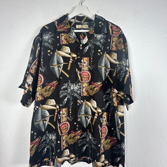 Tommy Bahama Mens Cigar Print 100% Silk Button-Up Hawaiian Shirt Medium Black